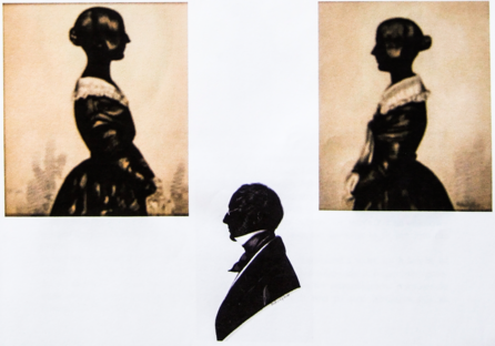 Three, black with embellishment, silhouette portraits by 'Adolphe', two of women, these placed so as to face each other, and one of a man facing left.