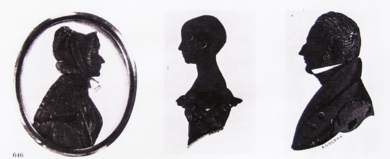 Three, bust length Bluish / Dark Grey body colour silhouettes by 'Adolphe' an unknown man facing left on the right, an unknown girl facing left to the centre and an unknown woman facing right to the left.