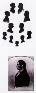 Two works by 'Adolphe', one above the other. To the top, a composite silhouette work of eleven members of one family. Lower, a rare bust-length profile miniature of William Vasey, perhaps illustrating that Adolphe was better at silhouettes than profiles.