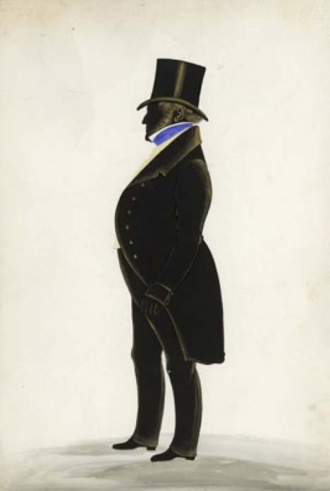 Full length silhouette of a man in top hat and tails facing left