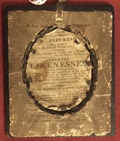 Reverse of silhouette portrait by Jeffreson, showing trade label.  Private Collection