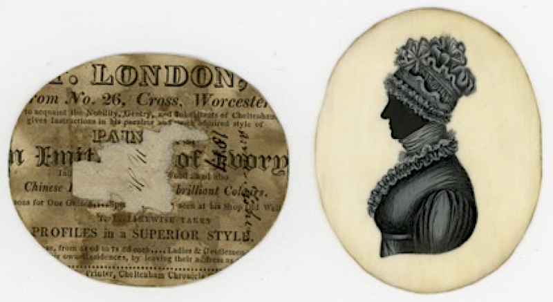 To right side, a silhouette 'profile' of a  named female sitter painted with a bustline termination. To left side, reverse of work bearing London’s Worcester trade label dated 1817.