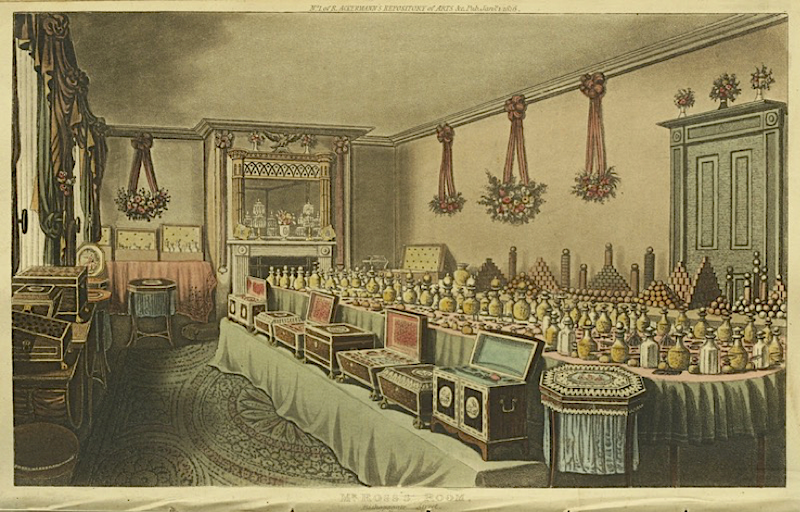 Circa 1820, aquatint of a perfumery showroom showing the display of fancy cabinets inset with medallions of ivory, porcelain, etc, as executed by fancy cabinet painters.