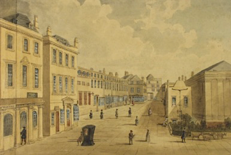 Aquatint print showing Lower Walks, the terrace set back from the two large buildings on the left.  The building on the right is the Assembly Rooms, prior to its destruction by fire.