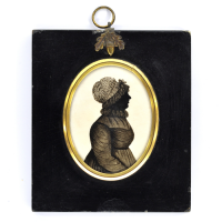 Front of silhouette, in frame, with woman lookinh right, wearing a bonnet.