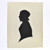 Front of silhouette, with woman looking left, wearing a hat.