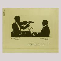 Two men facing each other, one playing violin the other piano