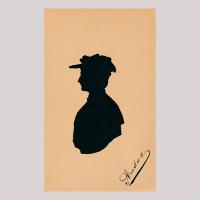 Front of silhouette, with woman looking left, wearing a hat.