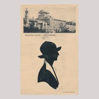 Front of silhouette, top; showing Grand Hotel Excelsion in Venice, bottom; woman looking right, wearing a hat.