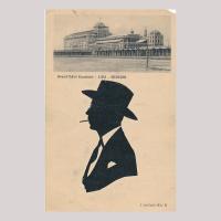 Front of silhouette, top; Grand Hotel Excelsior in Venice, bottom; with man looking left, smoking a cigarette, wearing a hat