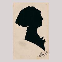 Front of silhouette, with woman looking right, wearing a hat.