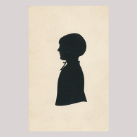 Front of silhouette, with a girl looking left, wearing a bonnet and a ribbon.