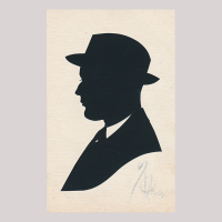 Front of silhouette, with a man looking left, wearing a suit and a hat.