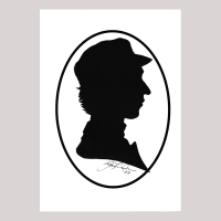 Front of silhouette, with man looking right, wearing a hat.