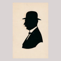 Front of silhouette, with man looking left, wearing a suit and a hat.