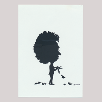 Front of silhouette, with man looking right who is cutting with scissors, the man is a caricature with a big head.