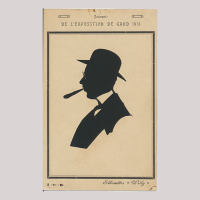 Front of silhouette, with man looking left, man in suit, wearing a hat and smoking a cigar. Top of silhouette, with inscription, Souvenir de l'exposition de Gand 1913. Bottom of silhouette, with date and name of artist.