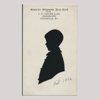 Front of silhouette, with boy looking right, in the top iscriptions starting, Souvenir silhouette Post Card...