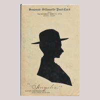 Front of silhouette, with man looking right, wearing a hat. At the top inscription with Souvenir Silhouette Post Card...