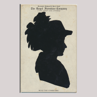 Front of silhouette, with woman looking right, wearing a floral hat, with inscription.