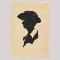 Front of silhouette, with woman looking left, wearing a hat and glasses.