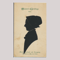 Front of silhouette, with woman looking left, wearing a bonnet and glasses. With inscription, Season's Greetings...