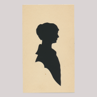 Front of silhouette, with woman looking right.