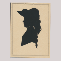 Front of silhouette, with woman looking left in painted frame, wearing a hat.