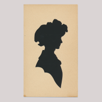 Front of silhouette, with woman looking right, wearing a hat with floral motif.