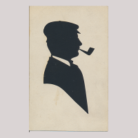 Front of silhouette, with man looking right, in suit, wearing a hat and smoking a pipe.