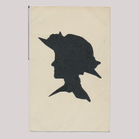 Front of silhouette, with woman looking left, wearing a hat with floral motif.
