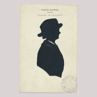Front of silhouette, with child looking right, wearing a hat. Inscription in the top with Tour Eiffel, Souvenir de l'ascension.