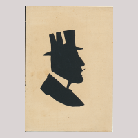 Front of silhouette, with man looking right, in suit, wearing a hat and with mustache.