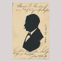 Front of silhouette, with man looking right, in suit. Some inscriptions are hand-written in german.