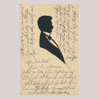 Front of silhouette, with man looking right, in suit, with german hand-written text.