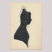 Front of silhouette, with girl looking right, wearing a bonnet.