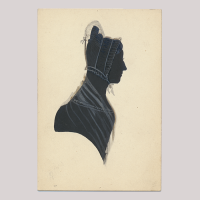 Front of silhouette, with woman looking right, wearing a bonnet.