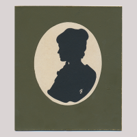 Front of silhouette, with woman in frame looking left.