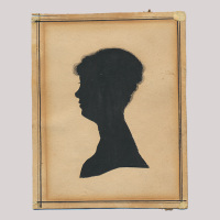 Front of silhouette, with woman looking left, in square painted frame.