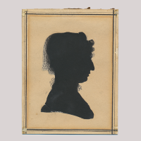 Front of silhouette, with woman in square painted frame, looking right.