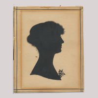 Front of silhouette, with woman looking right, in painted square frame.