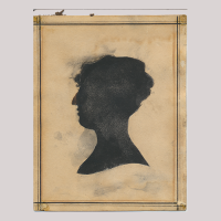 Front of silhouette, with woman looking left, in square painted frame.