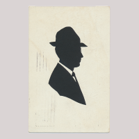 Front of silhouette, with man looking right, in suit wearing a hat.