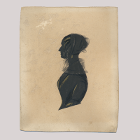 Front of silhouette, with woman looking left, wearing a scarf.