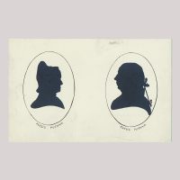 Front of silhouette, on the left, woman looking right, wearing a bonnet; on the right, man looking left. Both in simple painted rounded frame.