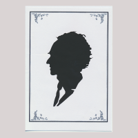 Front of silhouette, with man looking left, in suit, in painted square frame.
