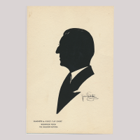 Front of silhouette, with man looking left, in suit, with stamp with the name of the artist.