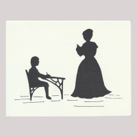 Front of silhouette, with school circumstance, with woman wearing a skirt teaching the boy, and the boy on the right, looking left, seated on desk.