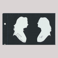 Front of silhouette, on the right woman looking left wearing glasses, on the left woman looking right.