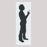 Front of silhouette, with standing man looking right, with scissors.